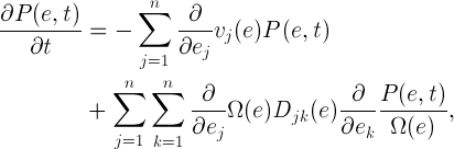 [Ecuación de Fokker-Planck para P(e, t)]